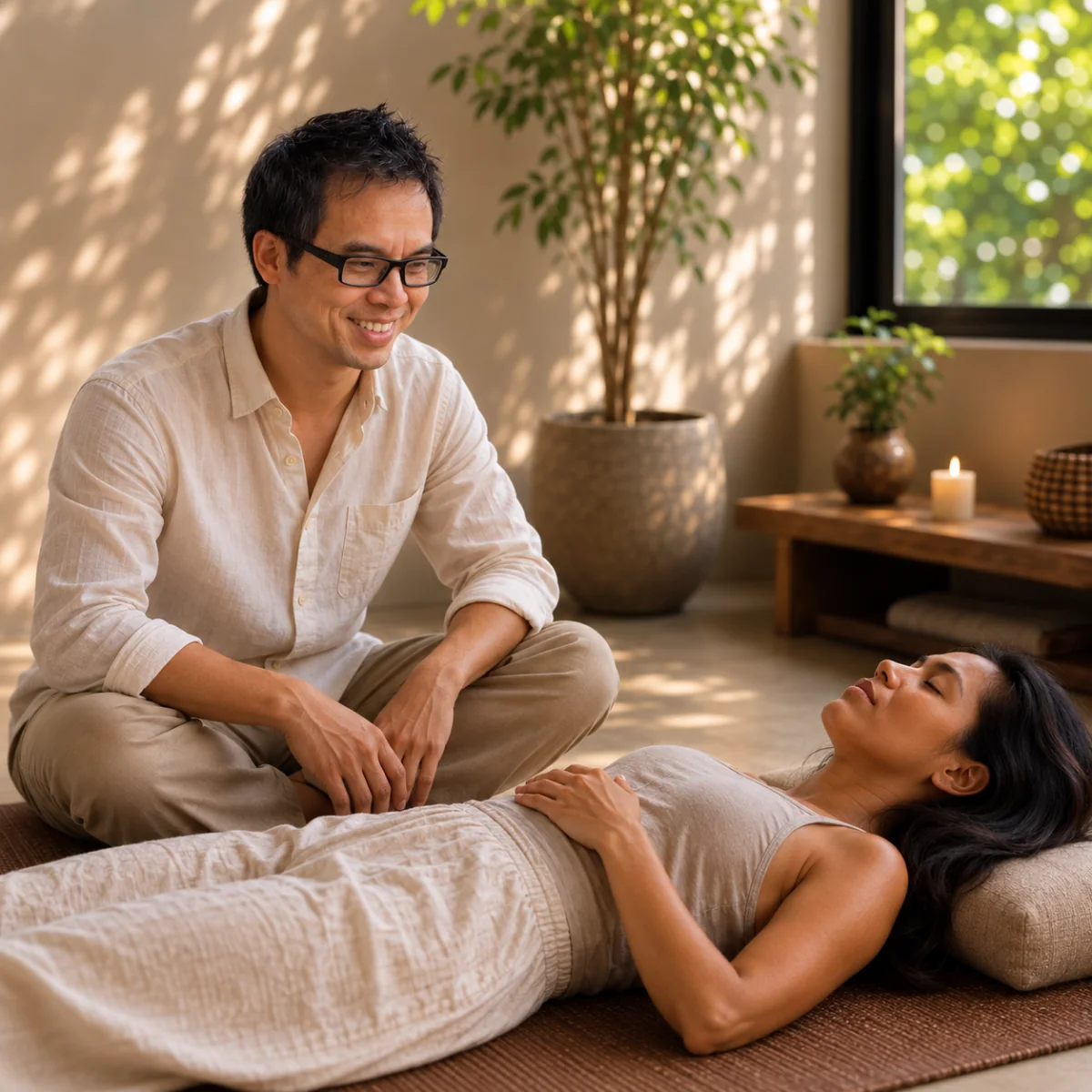 Derrick sitting beside a client resting during a private session